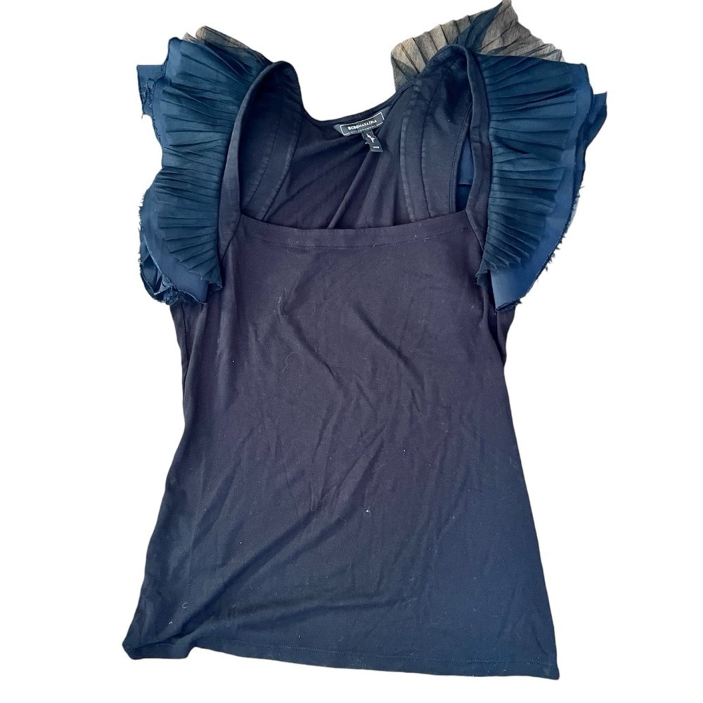 BCBGMAXAZRIA women's size XXS ribbed black tank top with flutter sleeve detail - Picture 8 of 12